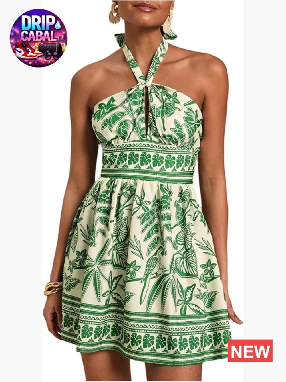 Tropical Halter Tie Backless Sleeveless A-Line Summer Dress